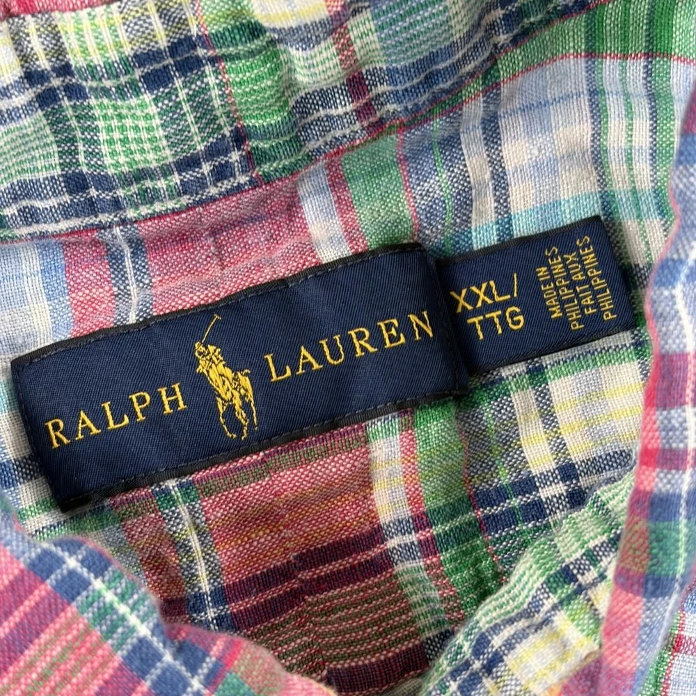 Polo Ralph Lauren 100% Linen Multi Madras Plaid Shirt Men 2XL Pony Preppy